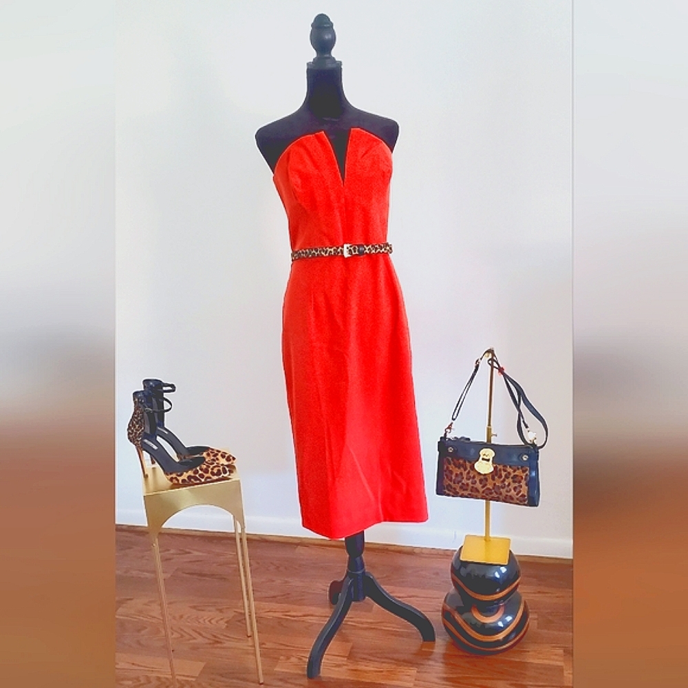 Dress the Population Orange Midi Pencil Dress with Leopard Accents
